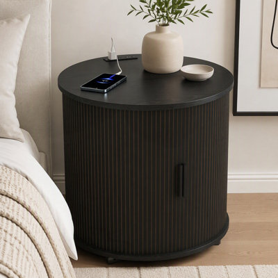 Table de bout cylindrique Mid-Century moderne avec station de charge intégrée et porte coulissante, table de chevet ronde à 2 niveaux avec ports USB, table de chevet pour le salon, la chambre à coucher, le vestibule