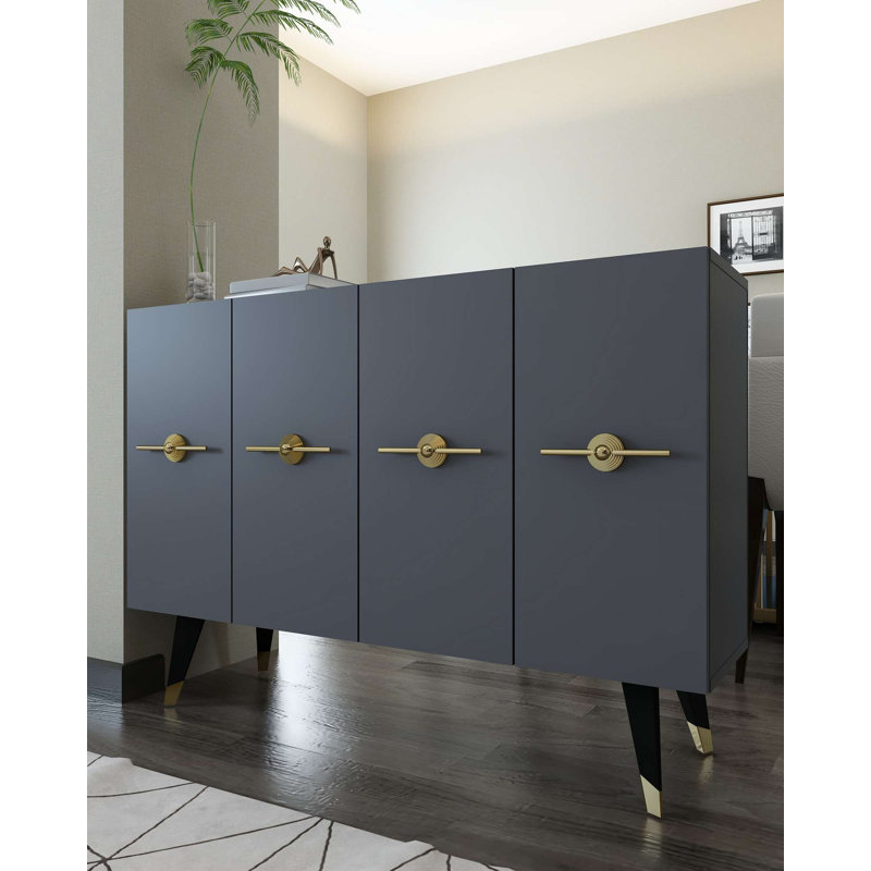 Console moderne, anthracite et or, panneau de particules recouvert de mélamine à 100%, épaisseur: 0,7 pouce | Fixable au mur avec de nombreuses tablettes, élégant et fonctionnel pour le salon ou le vestibule