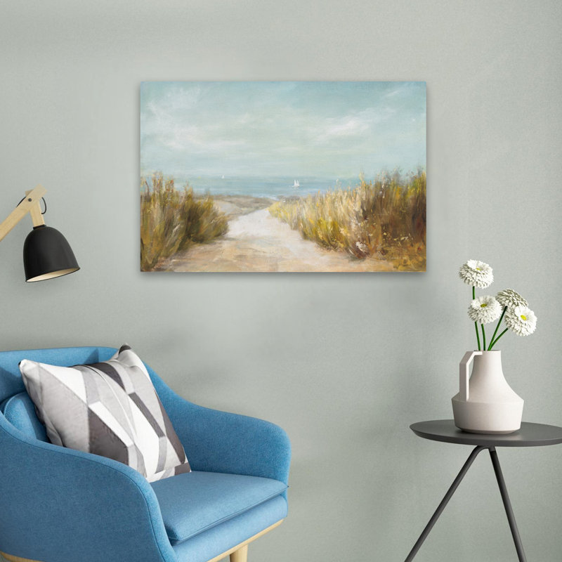 Plage et herbes de plage, voiles lointaines, H 16 po x l 24 po