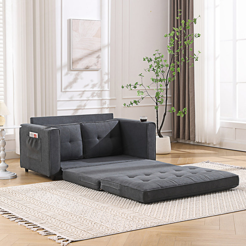 3-In-1 Upholstered Boneless Futon Sofa, Convertible Sofa Bed, Foldable Tufted Loveseat, Dark Gray