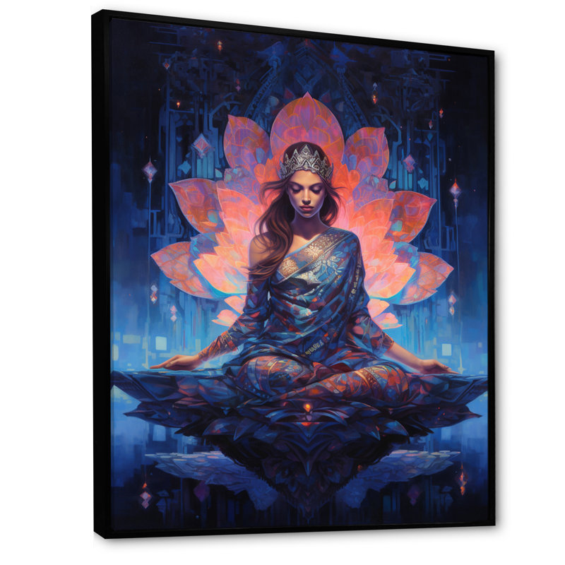 Bleu, yoga, lotus rose, femme, H 32 po x l 16 po, Cadre flottant noir