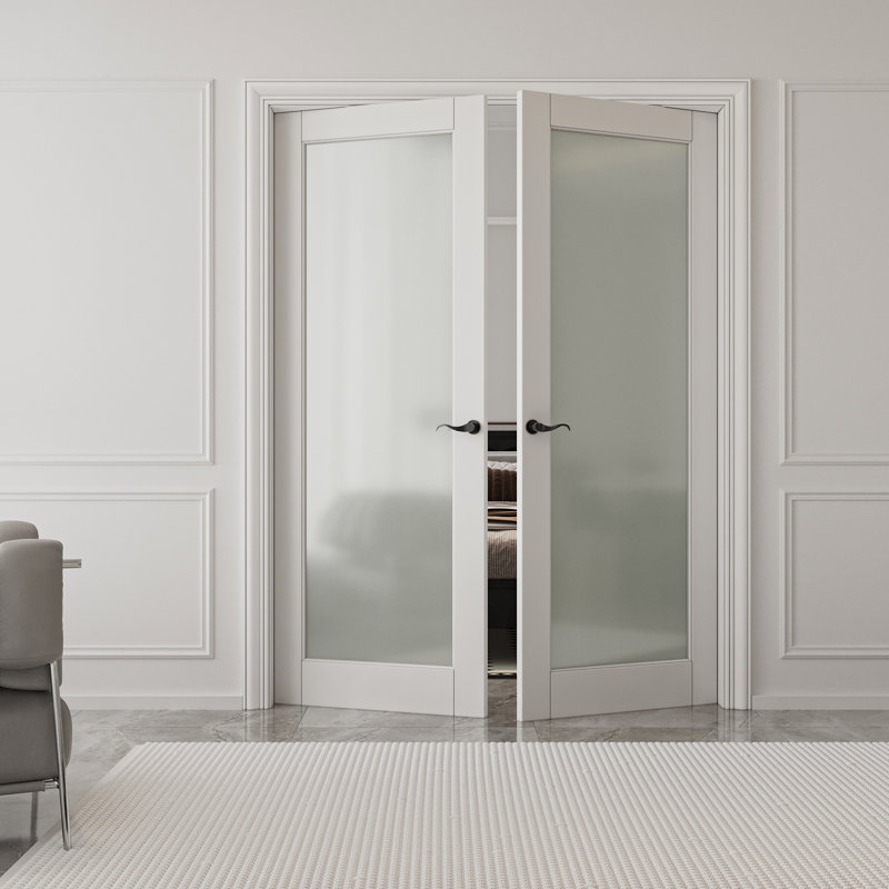 Portes doubles intérieures en bois massif en verre givré 1-Lite, 60 po x 80 po, Quincaillerie noire