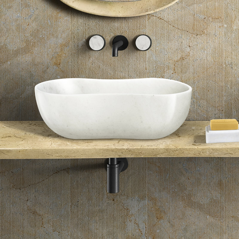 Lavabo de salle de bain en marbre blanc, hauteur de 7,1 pouces, conception semi-polie et élégante, ondulé naturel, 14,2 de large, pré-percé pour une installation sans effort
