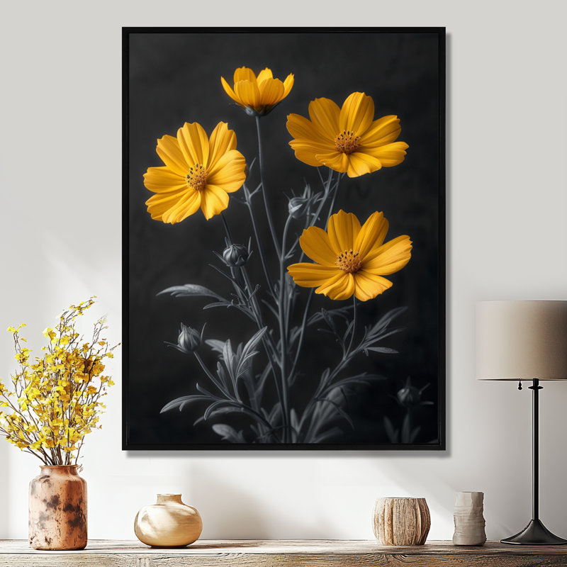 Monochromes jaunes et gris, bleuet, Grace IV - Bleuet, art mural, Cadre flottant noir, H 30 po x l 40 po