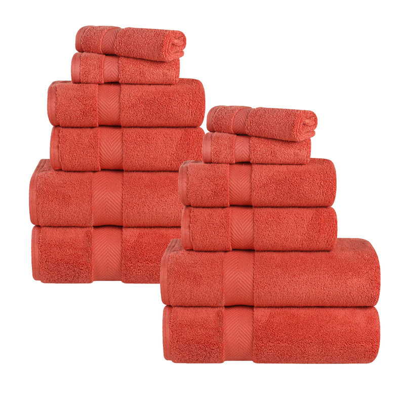Fatih Zero Twist Cotton Solid Chevron Dobby Border Super Soft Absorbent 12 Piece Assorted Towel Set, Brick