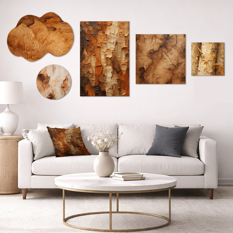 «Brown Tree Bark Essence II», ensemble de 5 décorations murales botaniques, toile encadrée et métal (100 po x 40 po)
