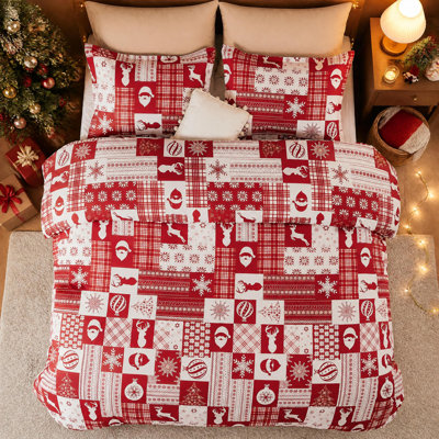 Ensemble de literie réversible en patchwork de Noël, linge de lit de fête en microfibre brossée avec imprimés Père Noël, rennes et flocons de neige, 8 attaches aux coins et boutons cachés