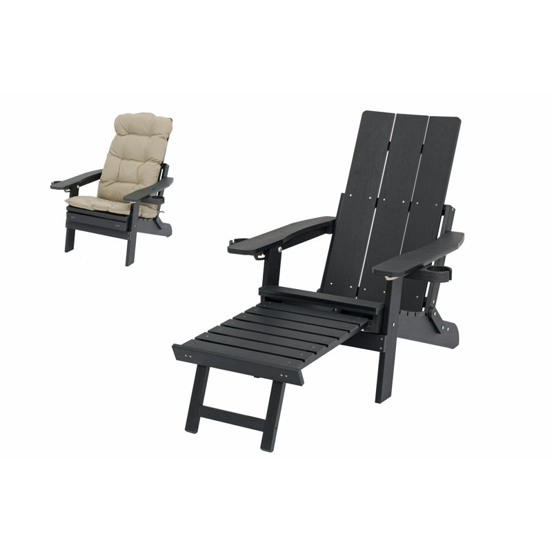 Chaise Adirondack pliante en poly Lumber avec porte-gobelets, repose-pieds et coussin, Noir