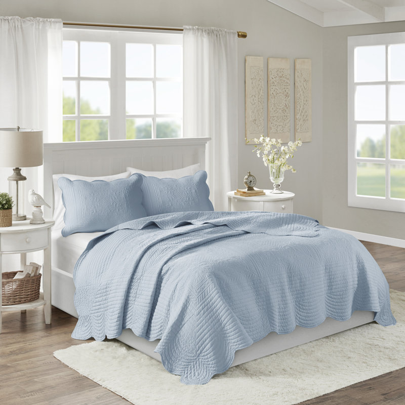 Blue Full Microfiber Reversible Scalloped Edge Quilt Set