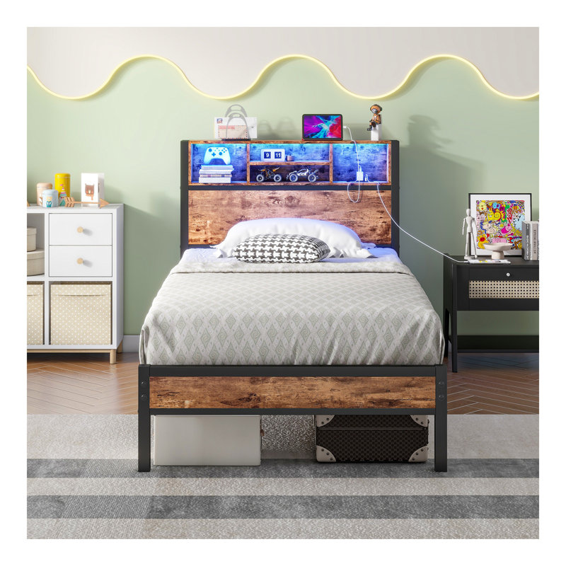 Structure de lit simple avec tête de lit, lit plateforme en métal avec station de charge, rangement pour bibliothèque, aucun sommier requis, assemblage facile