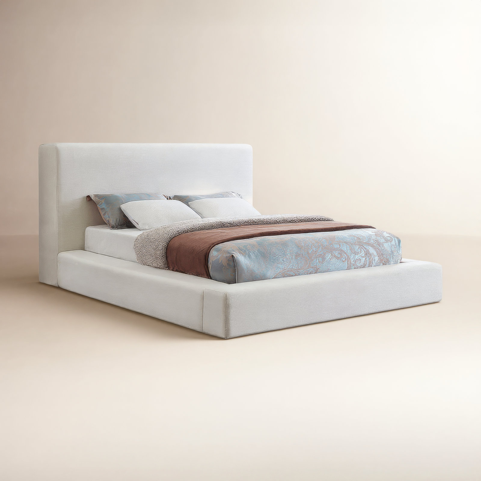 Ishia Upholstered Platform Bed, Cream Linen, King
