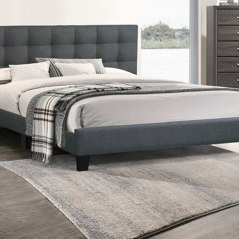 Lit plateforme double moderne avec tête de lit capitonnée en polyfibre gris anthracite, aucun sommier requis, Lit double