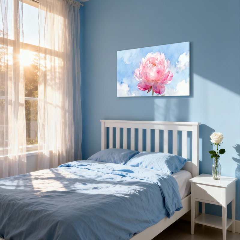 Ensemble de 1 tableau sur toile tendue, aquarelle de pivoine rose, H 24 po x l 36 po