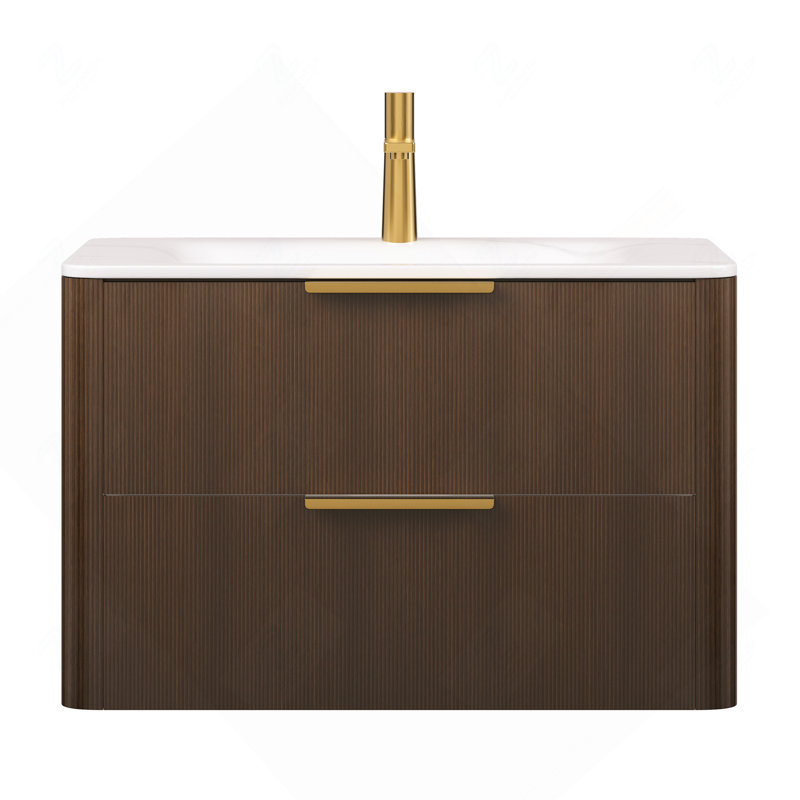 Meuble-lavabo 30 avec lavabo, armoire de rangement flottante en contreplaqué ultra rayé avec tiroirs, lavabo intégré en pierre frittée blanche, grain de bois pré-assemblé