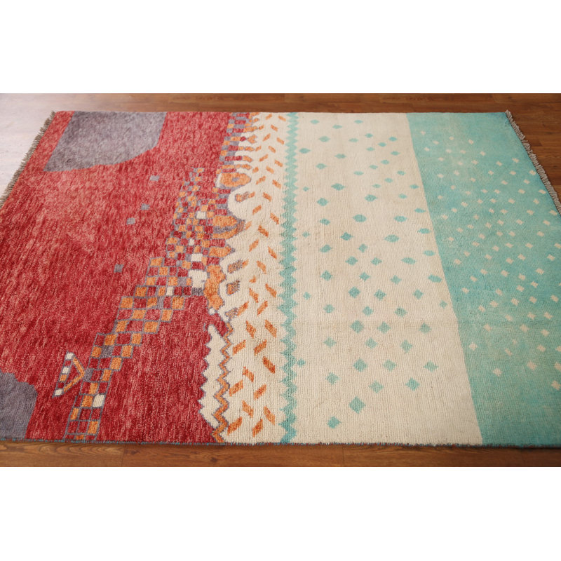Tapis unique en laine noué à la main 4 pi 11 po x 6 pi 9 po nouvel âge en rouge / crème / vert
