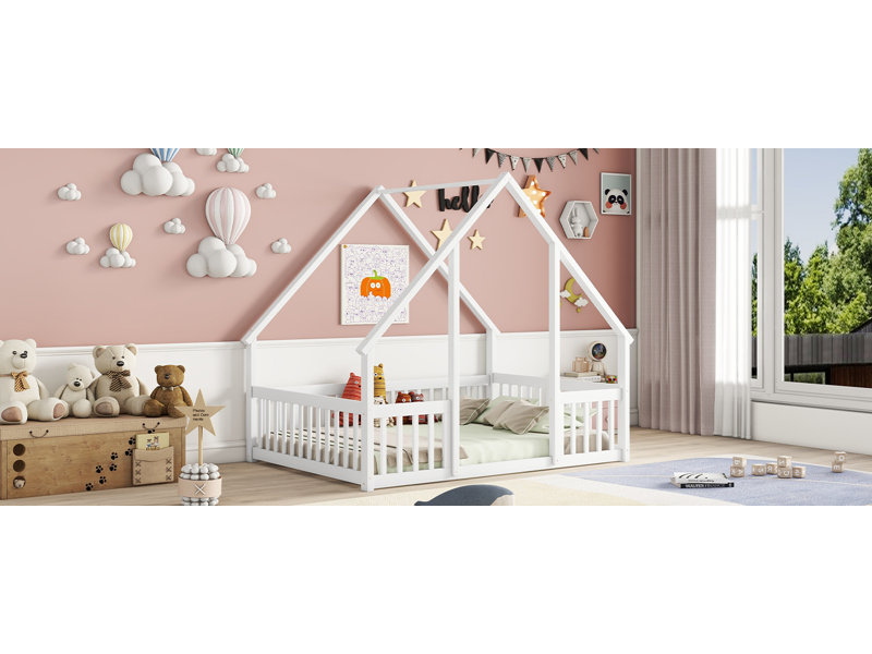 WoodNest House-Shaped Floor Bed with Guardrails, Full, White