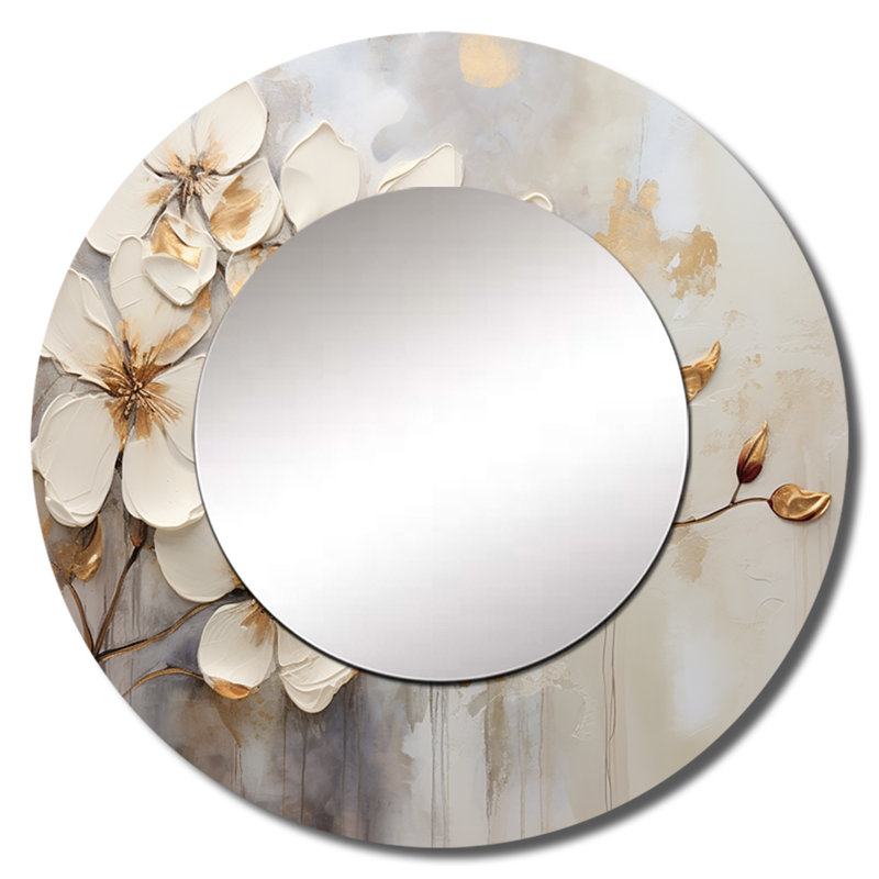 Minimalisme beige et doré - Violettes - miroir mural, miroir décoratif rond beige, 29 po x 29 po