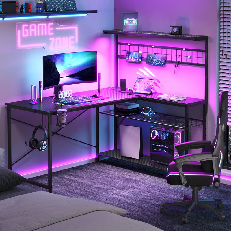 Zabarskaya Gaming Desk, Computer Desk with Power Outlets, LED Lights, Reversible Corner Desk with 4-Tier Shelves,Cup Holder & Hook Carbon Fiber