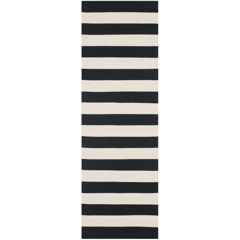 Brookvale Striped Hand-Woven Cotton Area Rug in Black/Ivory, Runner 2'3" x 11'7"