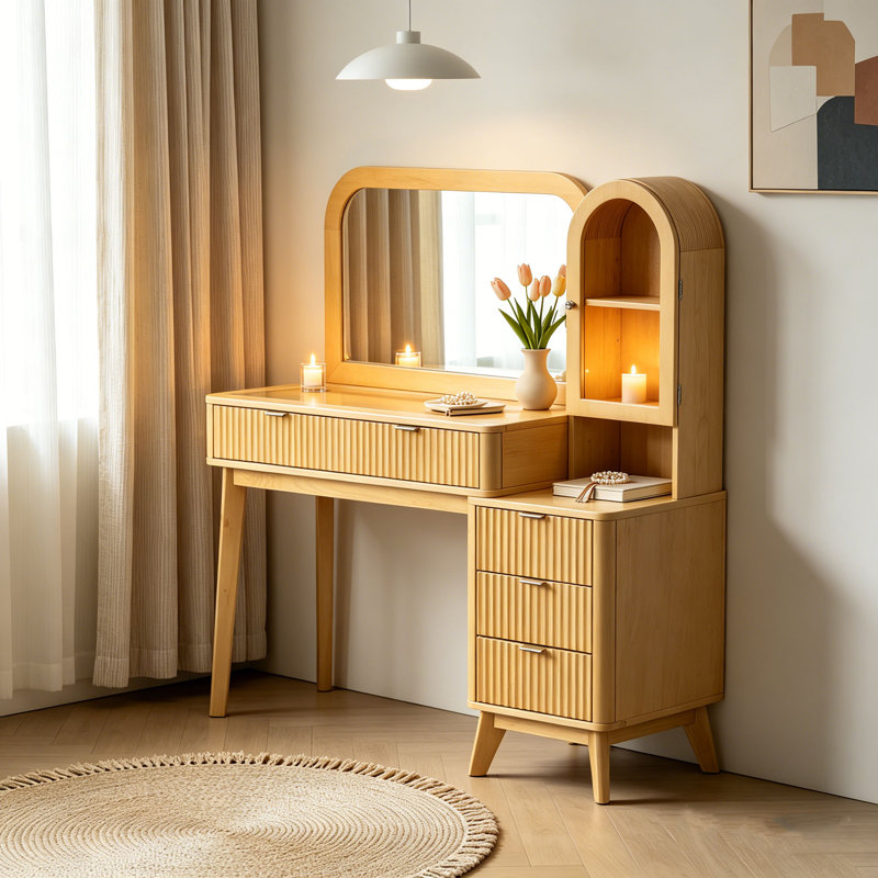 Coiffeuse en bois cannelée avec grand miroir, coiffeuse à 4 tiroirs avec armoire de rangement et station de charge pour chambre à coucher, naturel