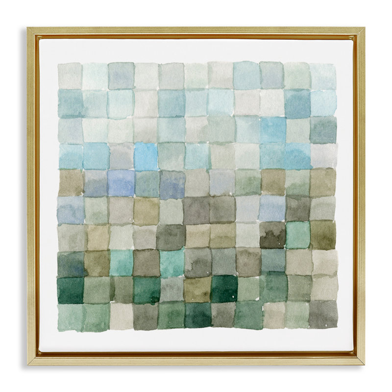 Aquarelle moderne à carreaux, H 25 po x l 25 po, Cadre flottant métallique doré