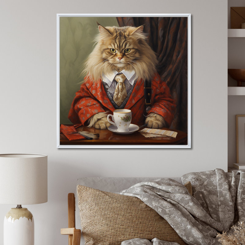 Chat blanc sibérien en costume élégant I, H 36 po x l 36 po x P 1,5 po, Cadre flottant blanc