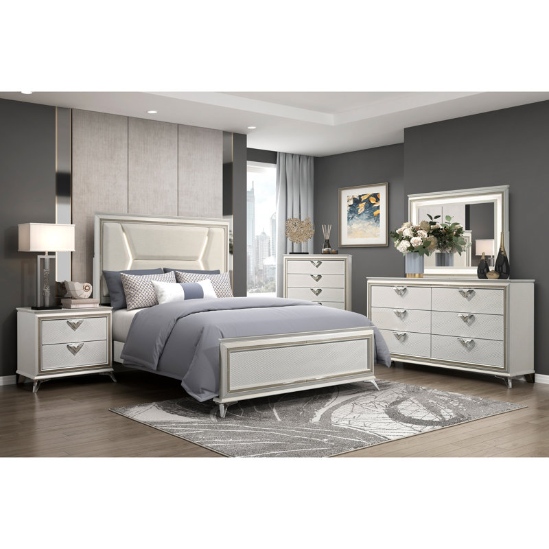 Luxury Queen Bed With Chenille Upholstered Headboard And Led Lights, Antique White Gold Element, Wood Modern Lighting, Touch,