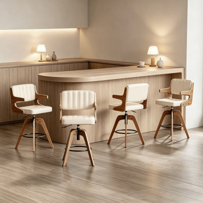 Mid Century Modern Counter Height Bar Stools Set of 4, 360° Swivel Barstools with Wood Legs, Faux Leather Upholstered Island Chairs with Backrest