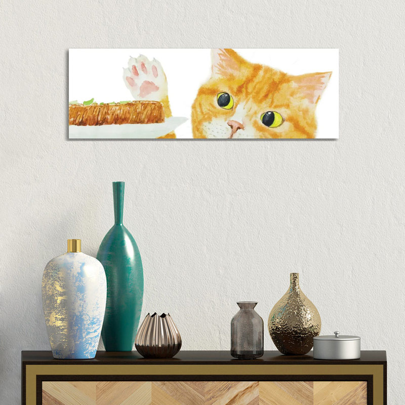 Orange Cat And Steak by Alexey Dmitrievich Shmyrov - Wrapped Canvas Panoramic Print, 30.48 cm H x 91.44 cm W x 3.175 cm D
