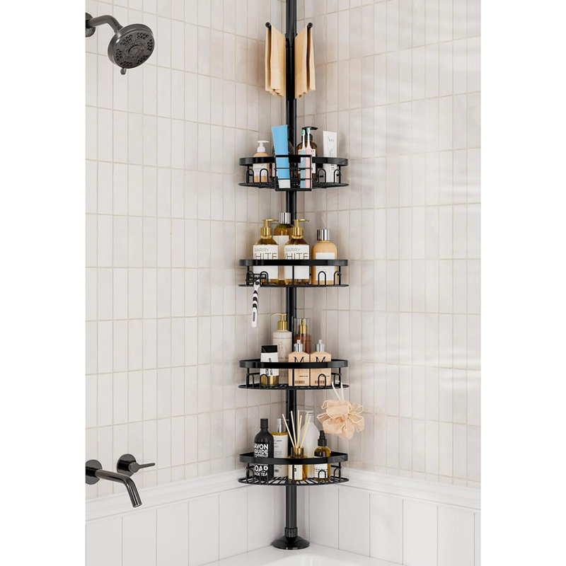 Rustproof Corner Shower Caddy Tension Pole - Silver - Freestanding With 4 Large Baskets, Height-Adjustable Shelves And Towel Bar For Bathtub & Bathroom Storage