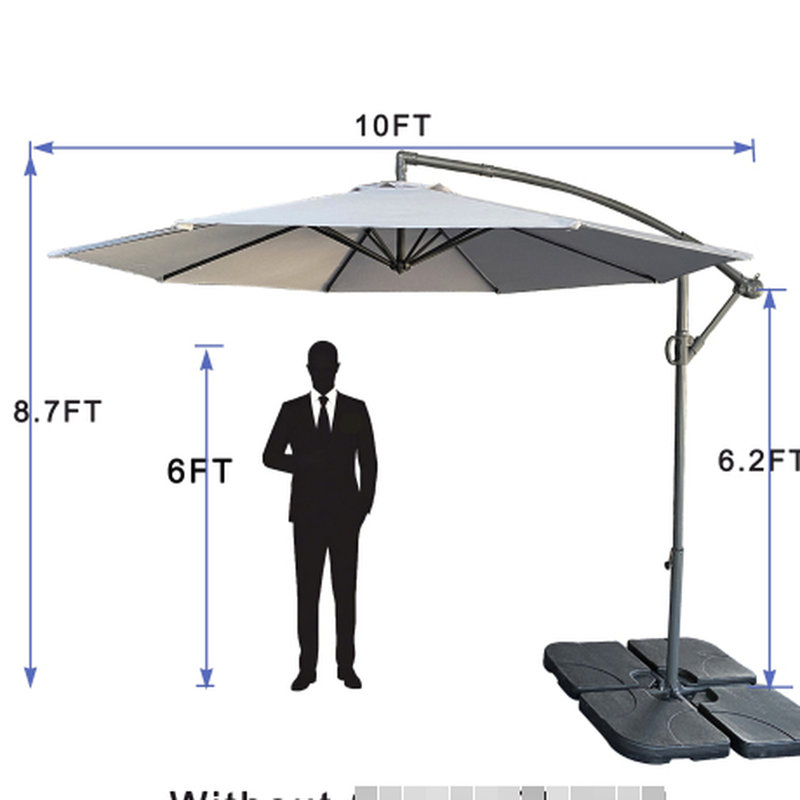 Parasol de patio 10 pi sans base en plastique, - matériau, 8 nervures, inclinaison rapide pour le réglage de l'ombre avec auvent en forme de banane, lisse et à manivelle, détente près de la plage appropriée