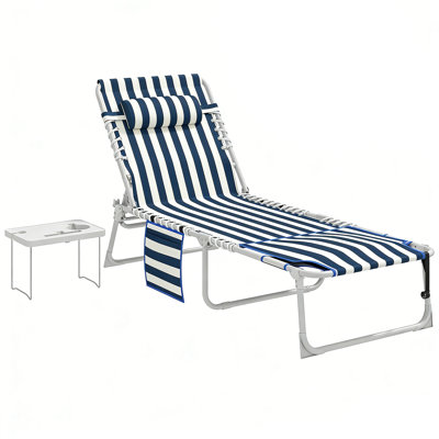 Chaise longue pliante, chaise de bronzage d'extérieur avec table d'appoint, chaise longue de plage réglable à 5 niveaux avec appui-tête, poche latérale pour patio, cour, plage, bord de piscine