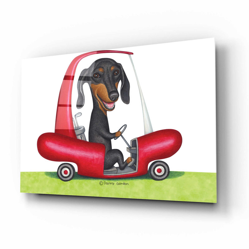 Teckel noir dans une voiturette de golf sur plastique / acrylique, H 12 po x l 16 po x P 0,13 po