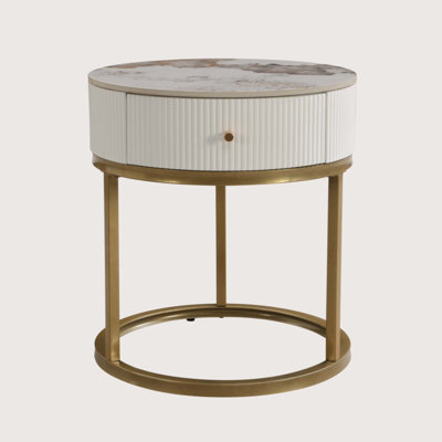 Modern Nightstand with Drawer,Marble Round End Table with Storage, Side Table