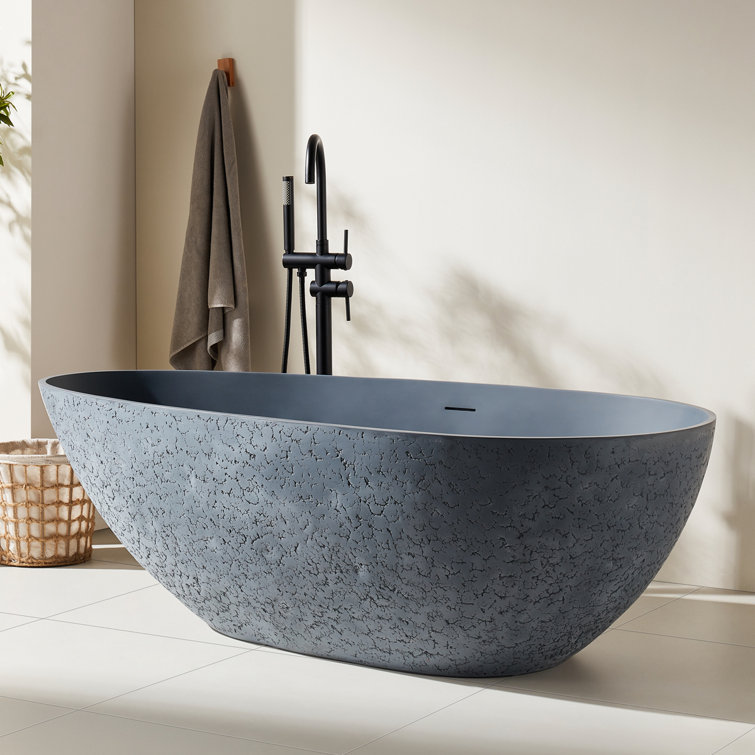 67'' X 31.5'' Freestanding Soaking Solid Surface Bathtub With Pop-Up Drain And Overflow,Body Cement Color+ Outer Dot