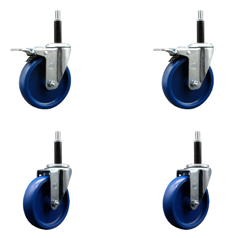 5 Inch SS Solid Poly Swivel 3/4 Inch Expanding Stem Caster Set 2 Total Lock Brakes