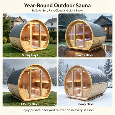 Carbonized Spruce Wood 4-6 Person Outdoor Barrel Steam Sauna – 9KW 220-240V with Asphalt Roof, Heater, Volcanic Stones & Bluetooth Speakers