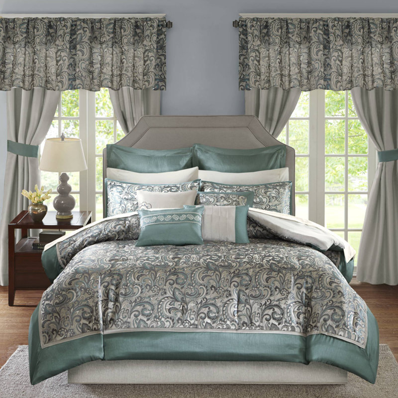 Ensemble de literie de luxe 24 pièces Brystol, Très grand édredon + 23 pièces supplémentaires, Bleu sarcelle