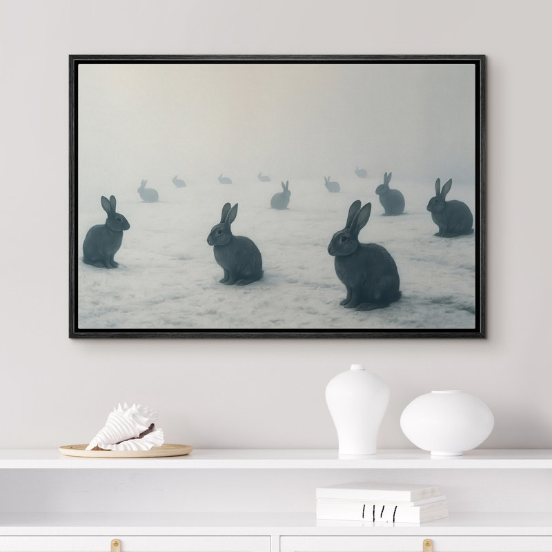 «Misty Winter Black Rabbit Scene», reproduction d'art sur toile encadrée dans la chambre principale, Noir