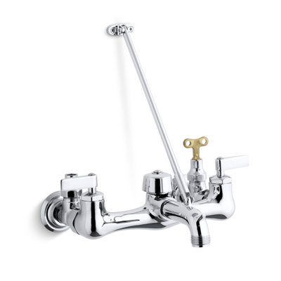 Robinet d’évier de service à poignées leviers doubles avec attelle murale fixée au dessus et butées à clé de rangement Kinlock