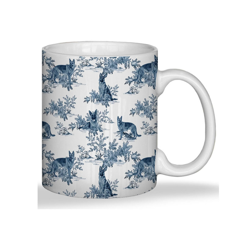 Blue Chinoiserie German Shepherd Mug, German Shepherd Gifts for Women Ceramic Coffee Cup With Handle, Dog Mom Dad Lovers Gifts, Blue and White Toile Dog Tea Mug, 11 Ounce