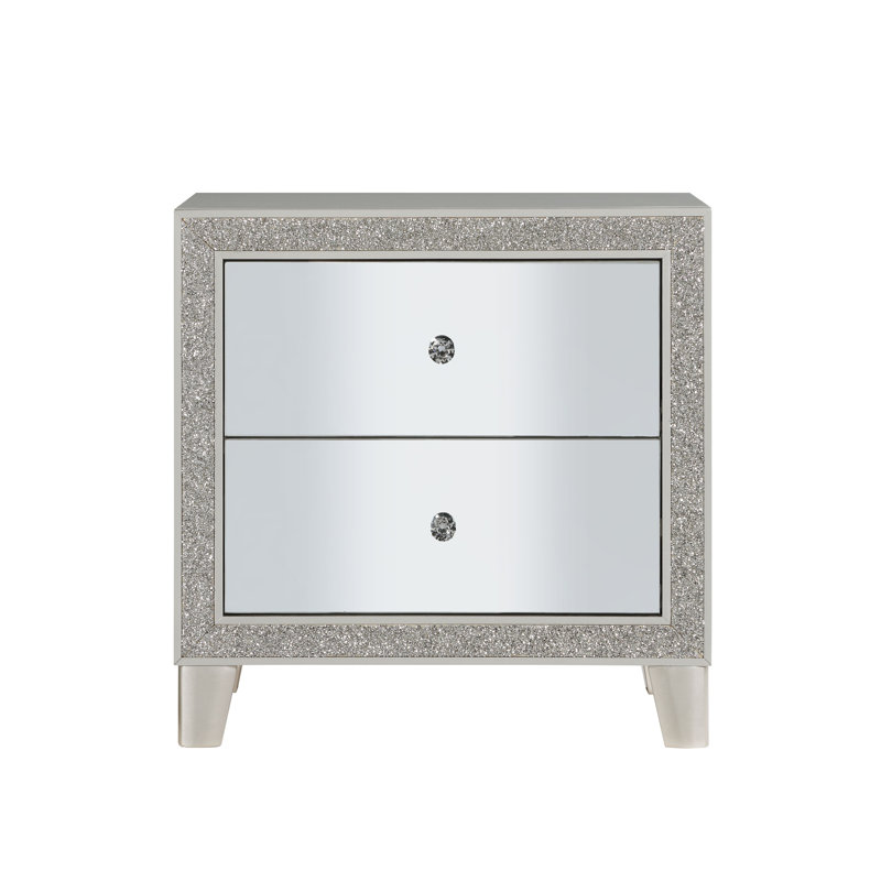 Table de chevet en bois avec 2 tiroirs et façade en miroir Defreitas
