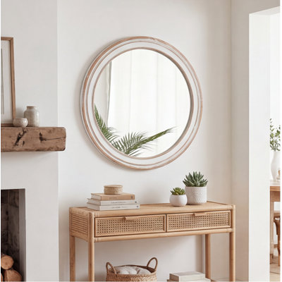 27.5-Inch Round Farmhouse Wall Mirror with Antique Natural Wood Frame, Vintage Decorative Circle Mirror for Bathroom, Living Room, Bedroom, Entryway, Office