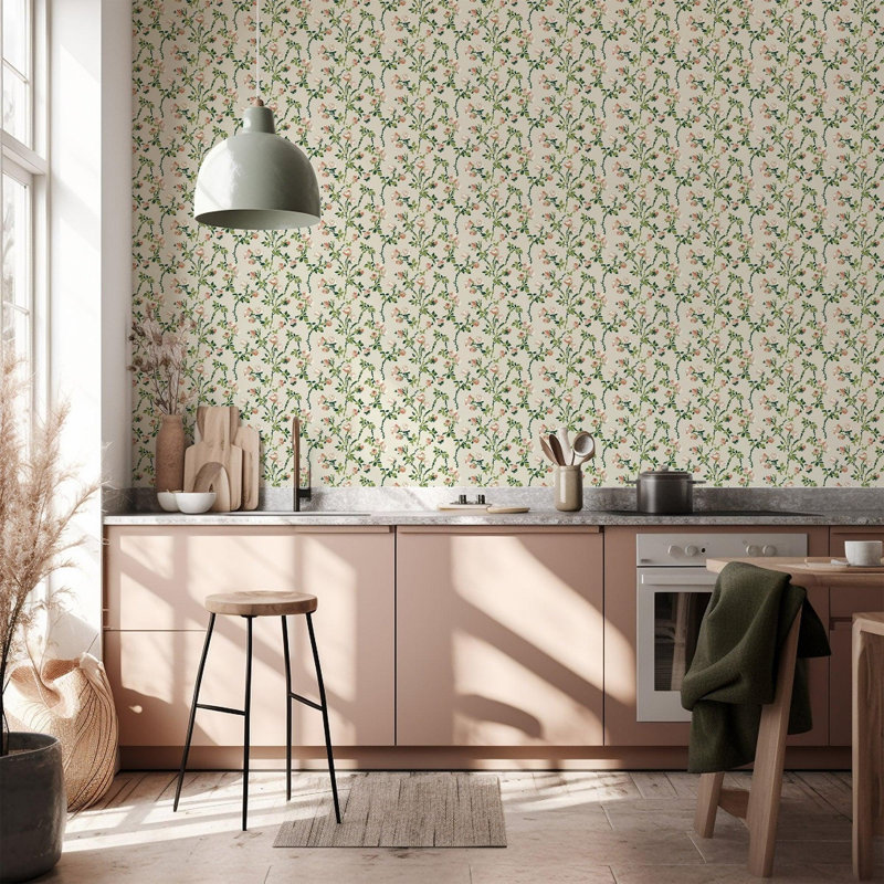 Lady Charlotte Rose Thorns 10' L x 24" W Peel and Stick Wallpaper Tile, Ivory Garden, Faux Grasscloth, Non-pasted