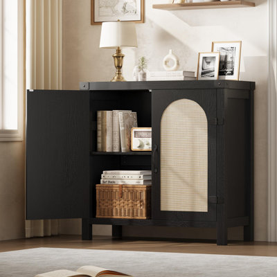 Rattan Buffet Cabinet with Storage, Sideboard with Synthetic Rattan-Accent Doors, Adjustable Shelves, Storage Cabinet for Living Room Dining Room Hallway
