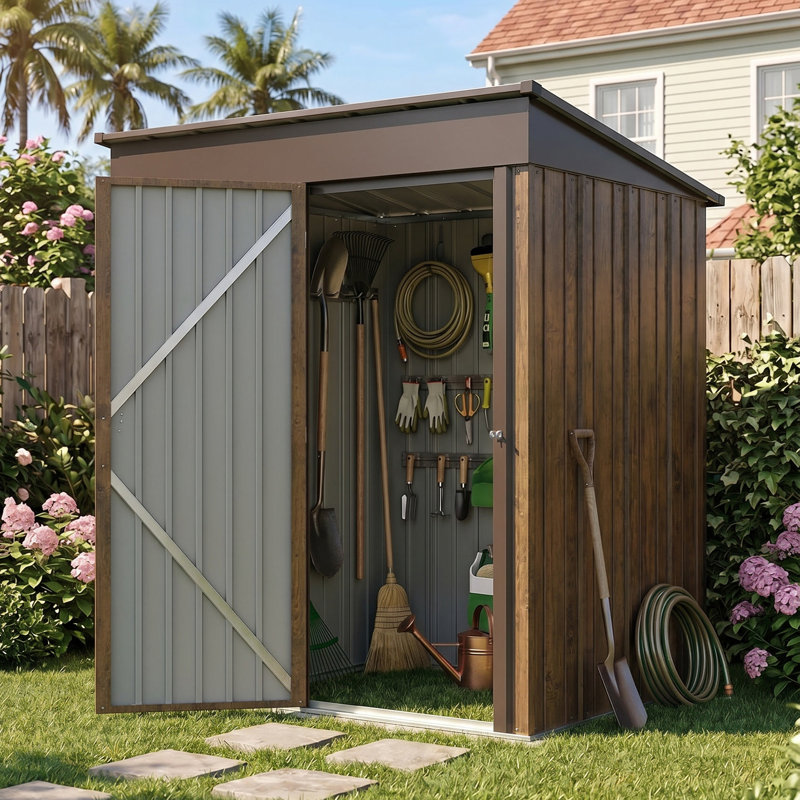 3x5 FT Outdoor Pent Roof Metal Garden Storage Shed, 3D Brown Wood Grain
