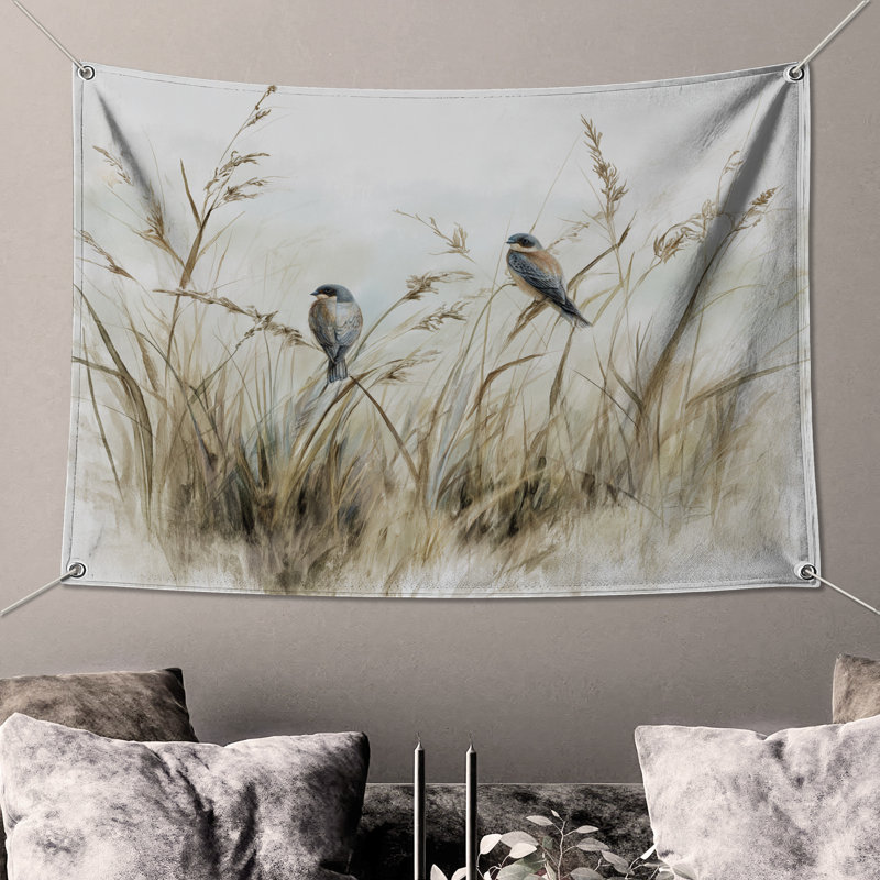 Two Birds On Grass Wall Tapestry - Birds Wall Decor, 50in H x60in W with 4 Grommets