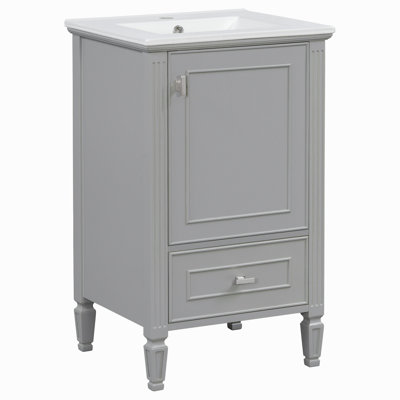 [Video] 20" Bathroom Vanity with Ceramic Sink,Solid Wood Legs, Freestanding Vanity with Storage Cabinet,Soft-Close Drawers&Doors,Storage Rack ,Grey