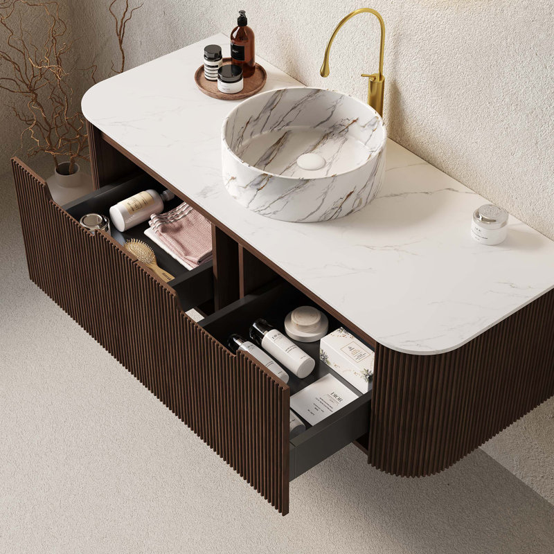 48" Bathroom Vanity With Sink, Wall-Mounted Curved Edges Striped Bathroom Storage Cabinet With 2 Drawers, Round Ceramic Basin With Stone Pattern, Pre-Assembled