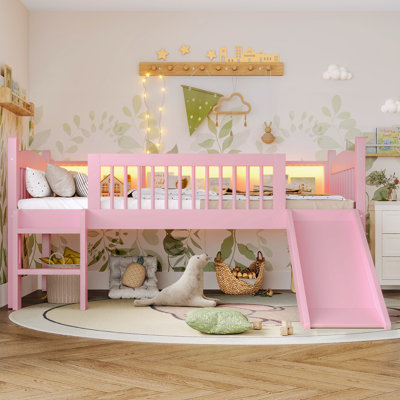 Twin XL Loft Bed With Storage Shelves, Solid Wood Lower Loft Bed With LED Lights And Full-Length Guardrails, No Box Spring Needed, Pink